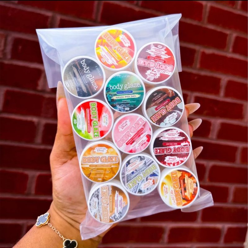Canvas Beauty Body Glaze Galore Sample Pack, Set of 12 Unique Scents (0.5 oz Each) - Moisturizing Body Butter for Women With Beeswax, Jojoba Oil, and Rice Bran for Soft and Glowy Skin