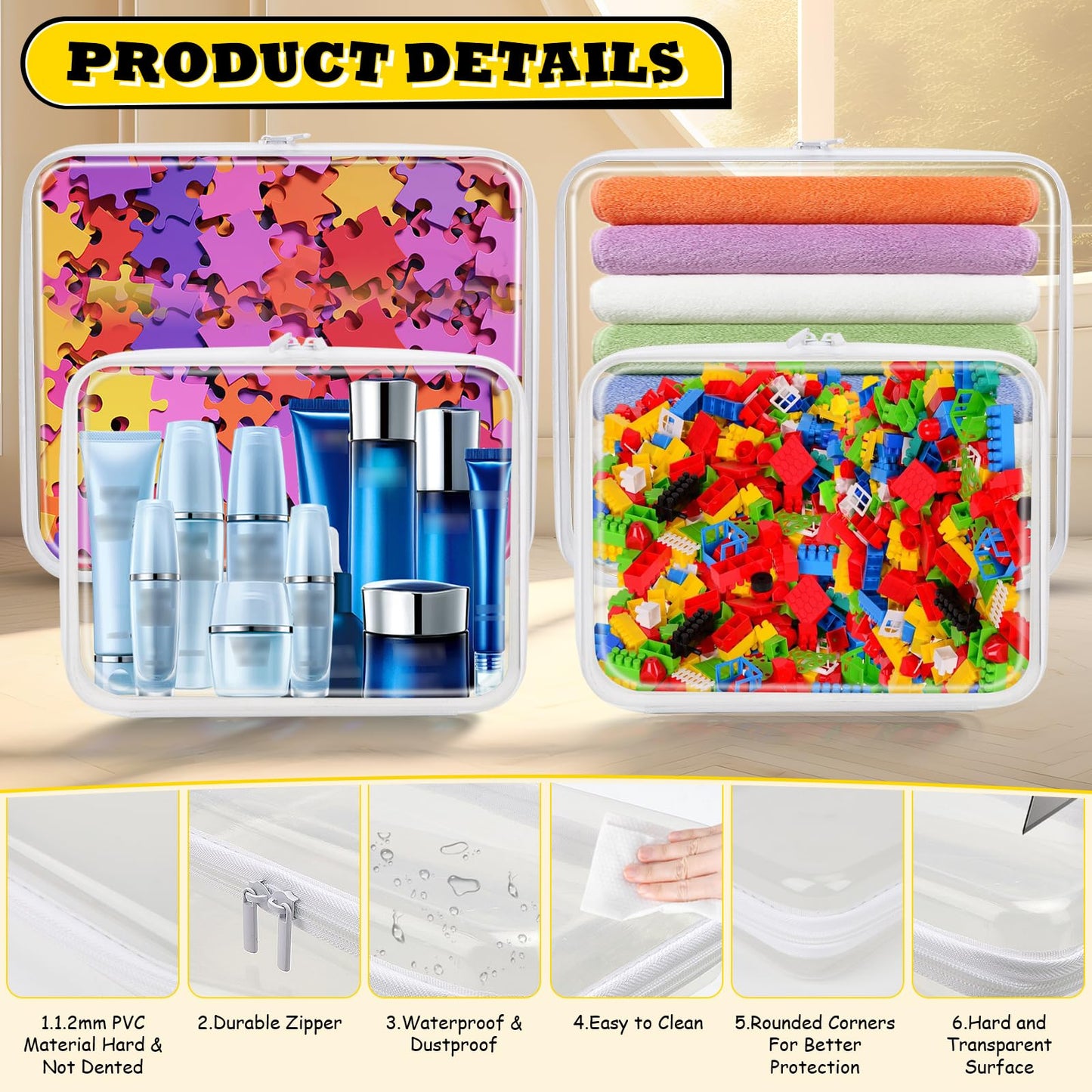 4 Pack Clear Hard Shell Zipper Case(2 Extra Large, 2 Large),13.7" Extra Large+9.8" Large Clear Zipper Pouches for Travel,Toiletries, Makeup,Cosmetic,Electronics & Pencils- Crush-Resistant Storage