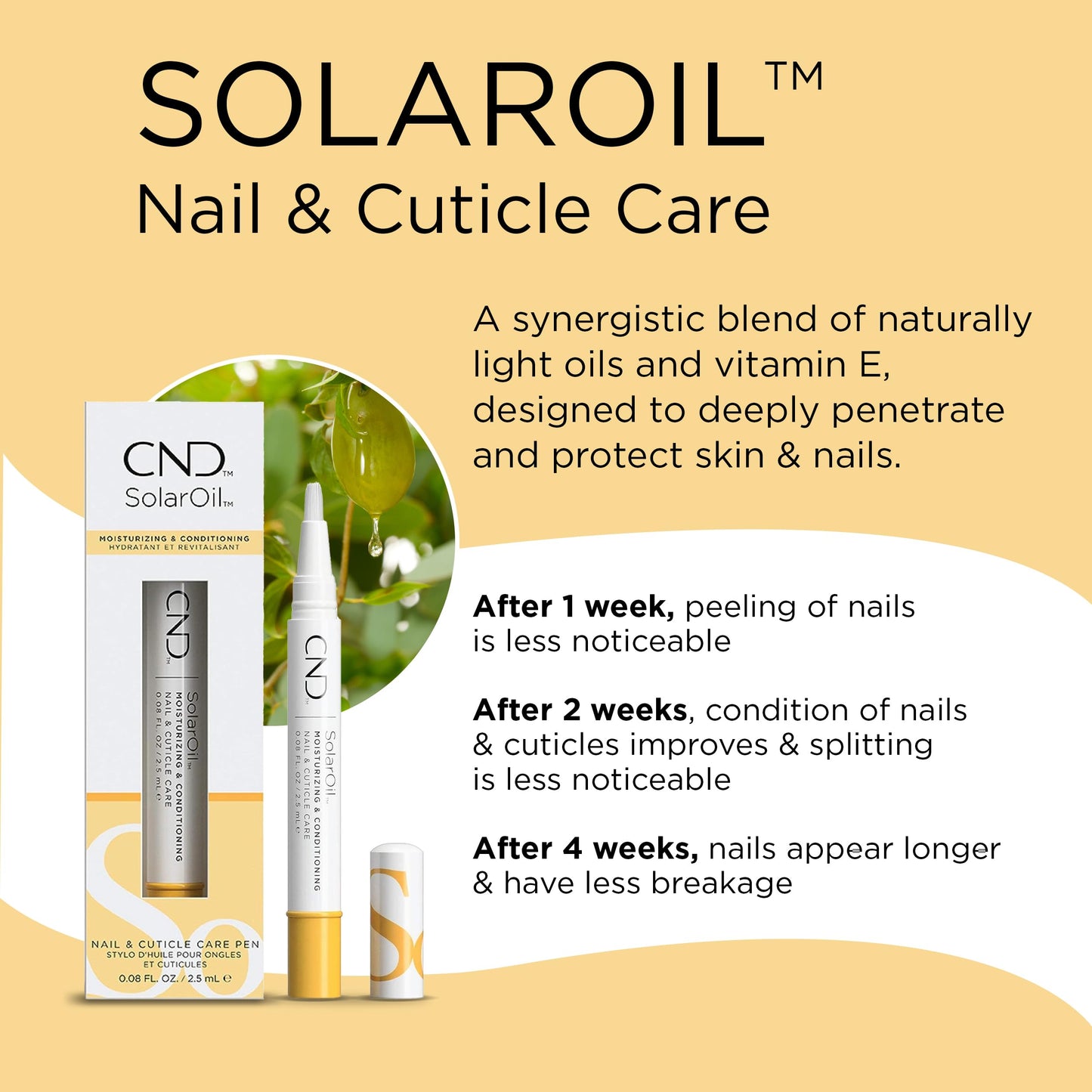 CND SolarOil Cuticle Oil, Natural Blend Of Jojoba, Vitamin E, Rice Bran and Sweet Almond Oils, Moisturizes and Conditions Skin, 0.08 oz