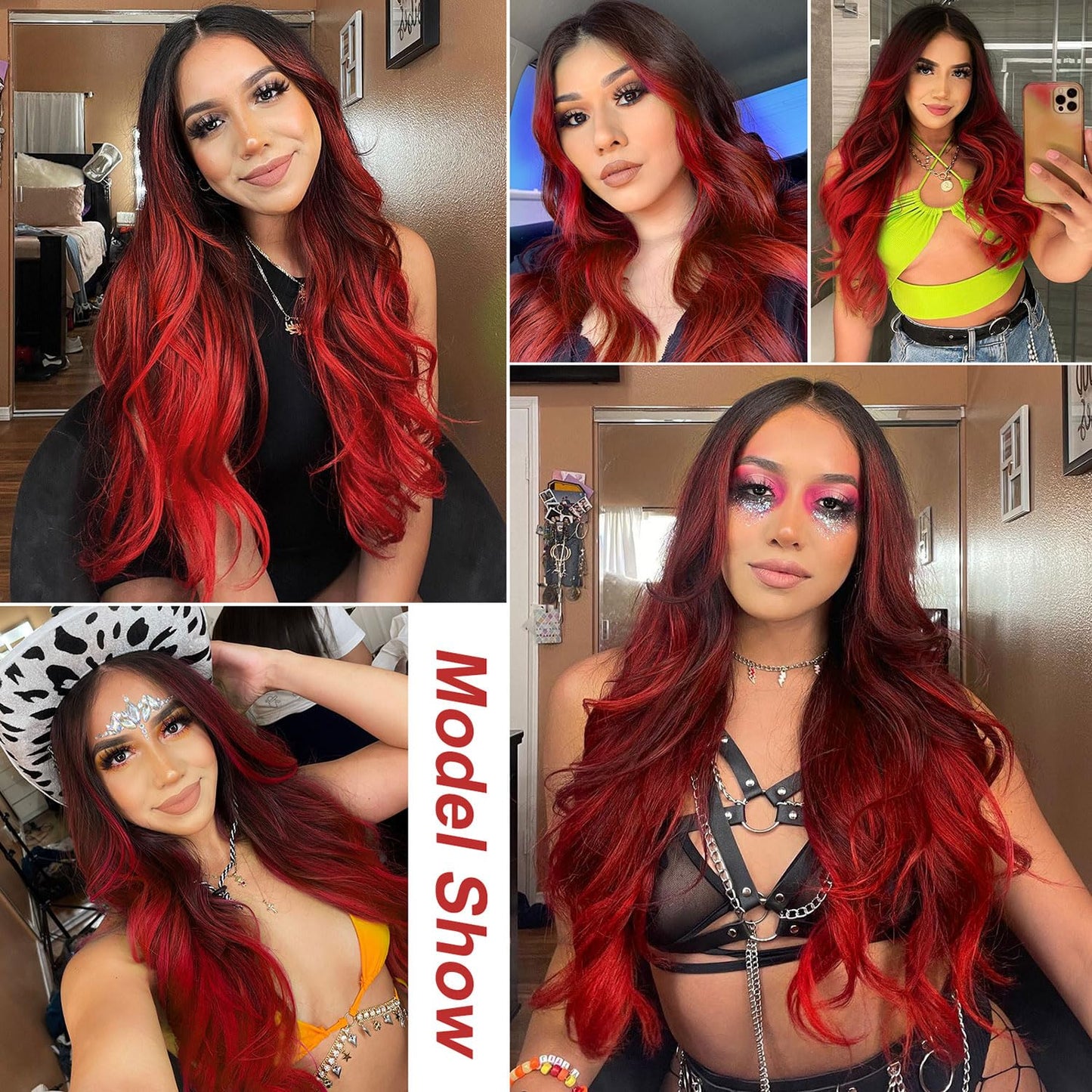 LUNDEREN Red Wavy Wig 26 Inch Long Red Ombre Wigs for Women Ombre Red Middle Part Wig Synthetic Heat Resistant for Daily Party Use (Ombre Red 26 Inch)