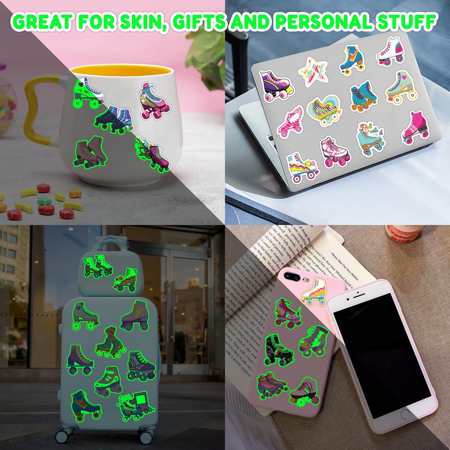 96 PCS Roller Skate Skating Pre-Cut Luminous Temporary Tattoos Themed Birthday Party Favors Decorations Supplies Decor Retro 80s 90s Disco Glow In The Dark Tattoo Stickers Gifts For Boys Girls Class
