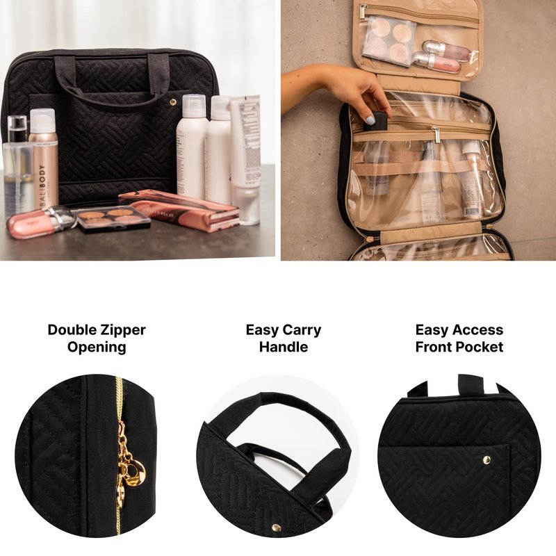 Carrywell (Not Made In China) Toiletry Bag Travel Bag with Hanging Hook, Makeup Organizer Case, Water-Resistant Cosmetic Bag For Full-size Containers, Toiletries, Black Large+