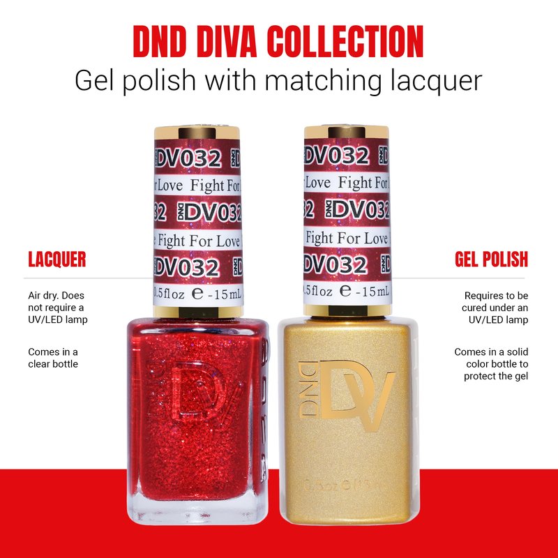 DND Gel Diva Polish Set, Mirrorball Collection, UV/LED Gel Polish and Air Dry Nail Lacquer, Matching Chip-Free Polish Duo, Red032 Fight For Love, 0.5 Fl Oz Each