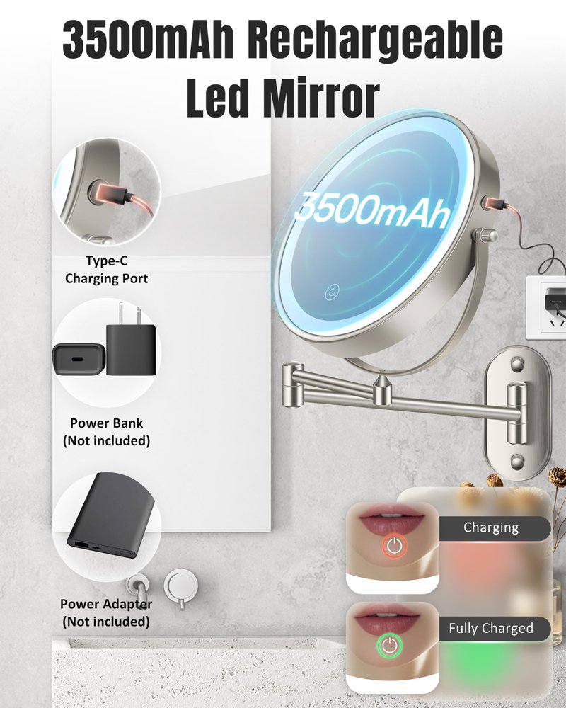 Wall Mounted Makeup Mirror with Light, 30X/1X 8'' Double Sided LED Magnifying Bathroom Lighted Vanity Mirror with Magnification, 3 Color Light up Touch Dimmable Extended Arm 360 Rotation