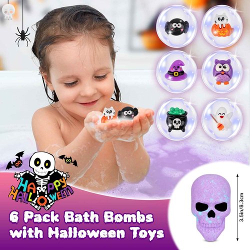 Halloween Bath Bombs for Kids, 6PCS Colorful Skull Bath Bombs with Toy Inside,6 Scented Essential Oil Bubble Bath Fizzy Balls with Pumpkin, Spooky Halloween Toys，Party Favors Gift