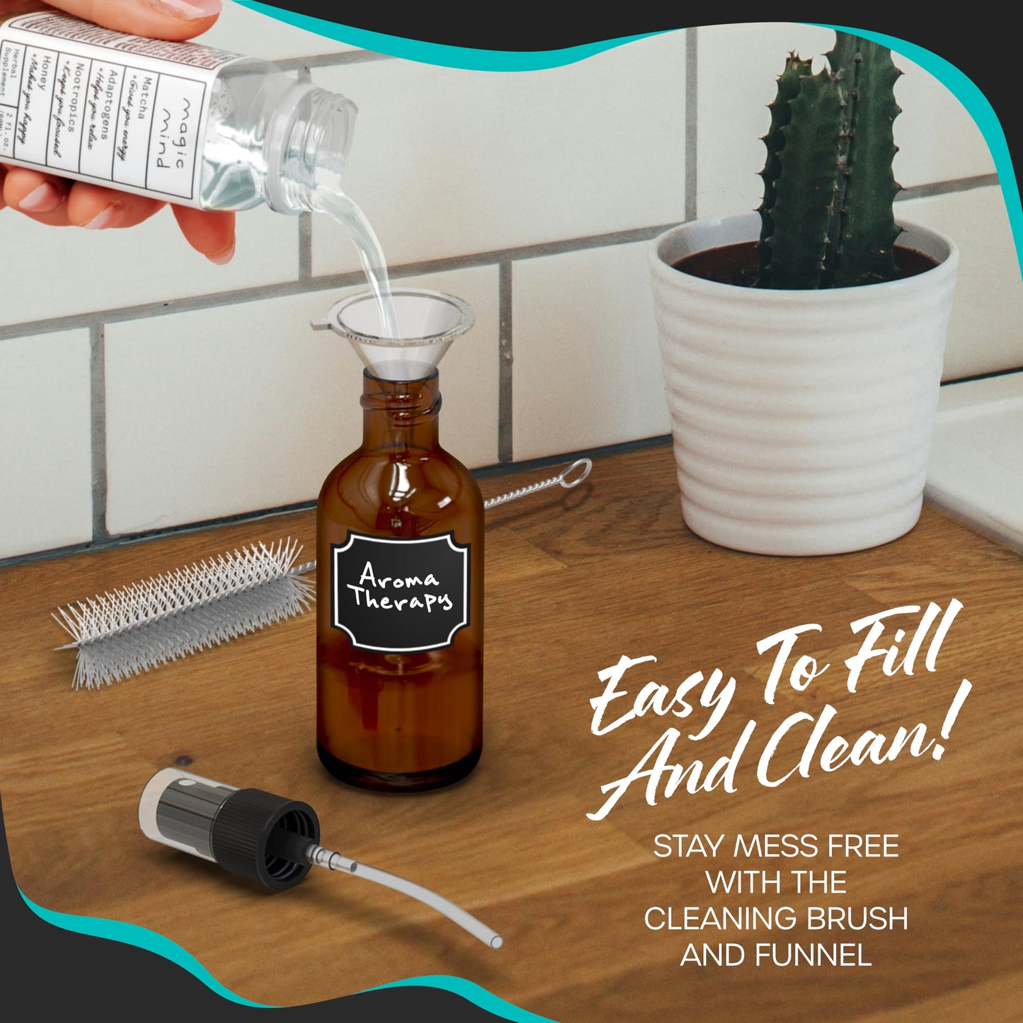 Nevlers Small Spray Bottle 2 Oz 48 Pack | Amber Glass Spray Bottles for Cleaning, Oils, Perfume Alcohol & More | Mist Bottle Set w/Shrink Wrap, Funnel, Brush, Labels & Marker | Small Glass Bottles