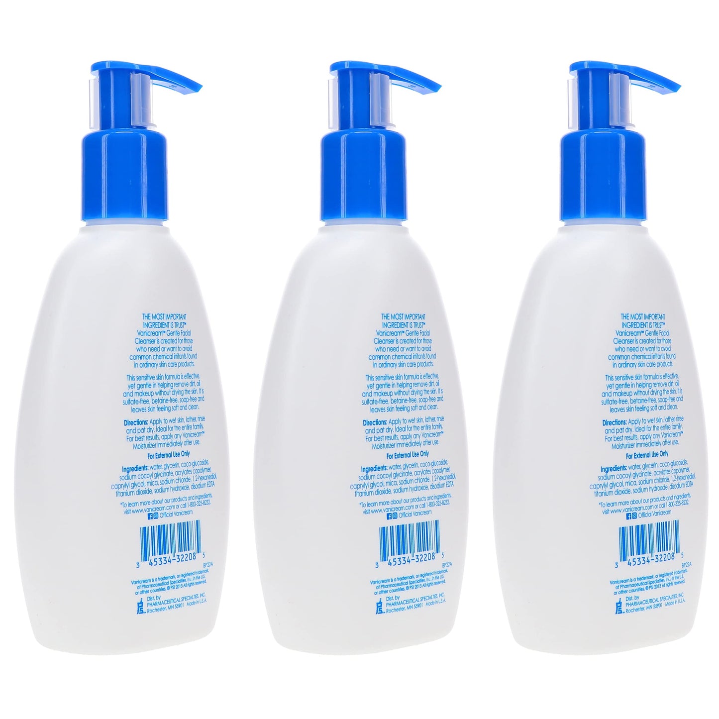 Vanicream Gentle Facial Cleanser for Sensitive Skin, 8 Oz (Pack of 3), Unscented, 24 Fl Oz