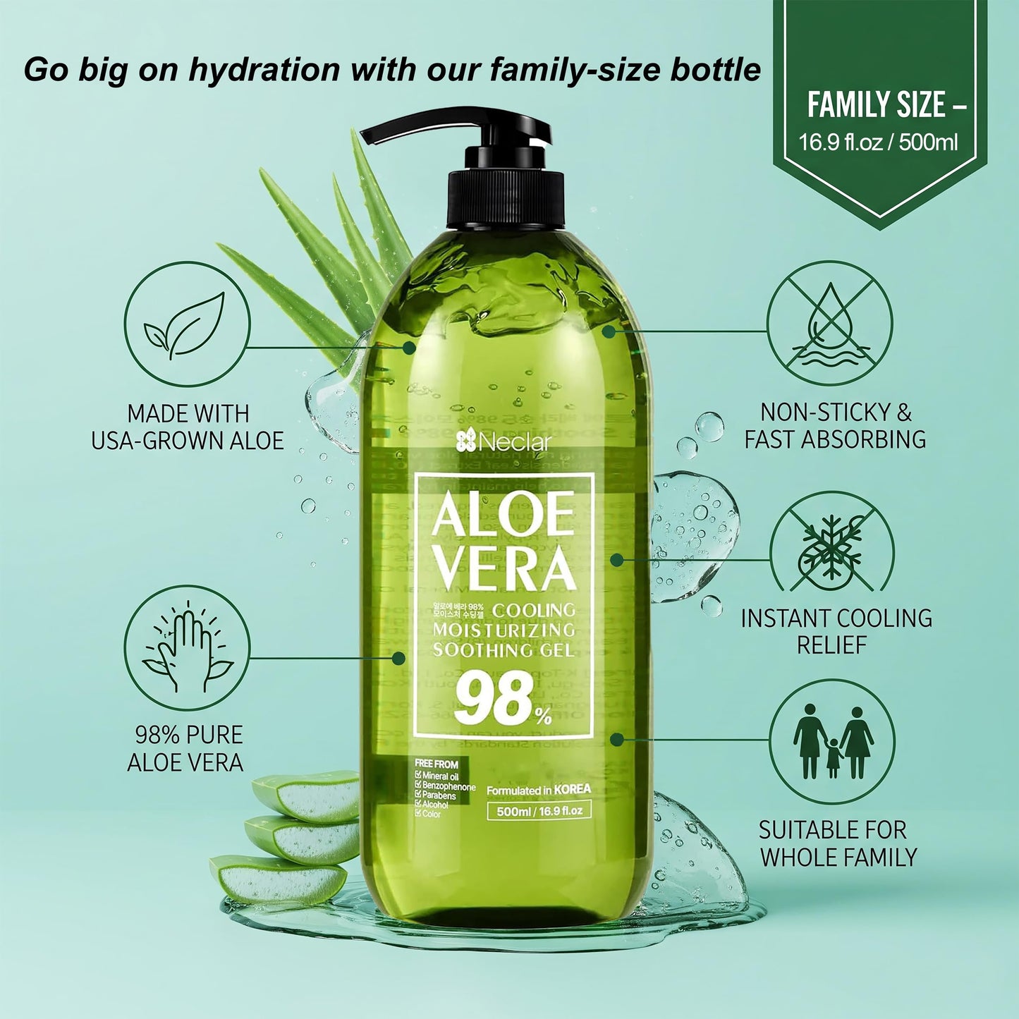 Neclar 98% Pure Aloe Vera Gel for Sunburn Relief - Big 16.9 oz / 500ml - Korean After Sun Care lotion For Face, Skin and Hair - Sun Burn Moisturizer Cream (16.9 Fl oz)