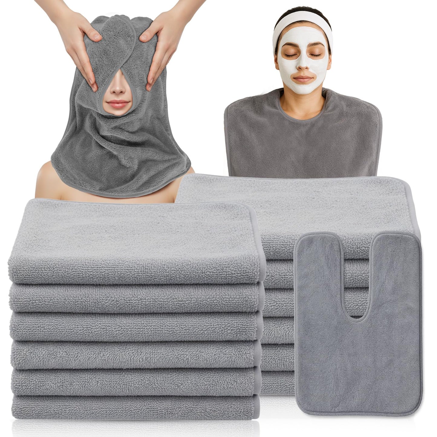 JJUNW 12 PCS U-Shaped Facial Towels, Split Design Estheticians Towels Microfiber Soft Spa Towel Coral Fleece Face Cloth for Beauty Salons Skin Care SPA Centers Estheticians Salon Grey