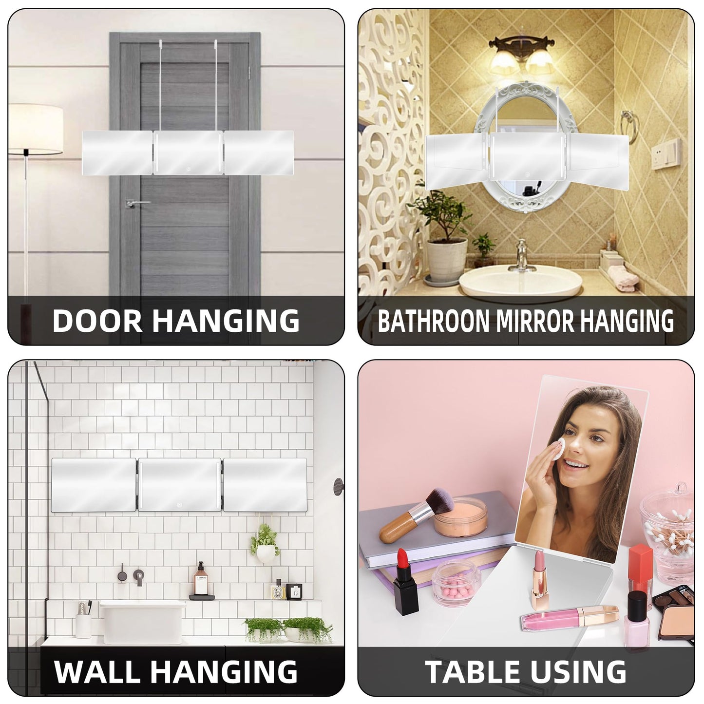 GLDDAO LED 3 Way Mirror to See Back of Head 360 Mirror for Women for Braiding Hair Telescoping Hooks Anti-Fog HD Glass Three Way for Self Hair Cutting Makeup Trifold