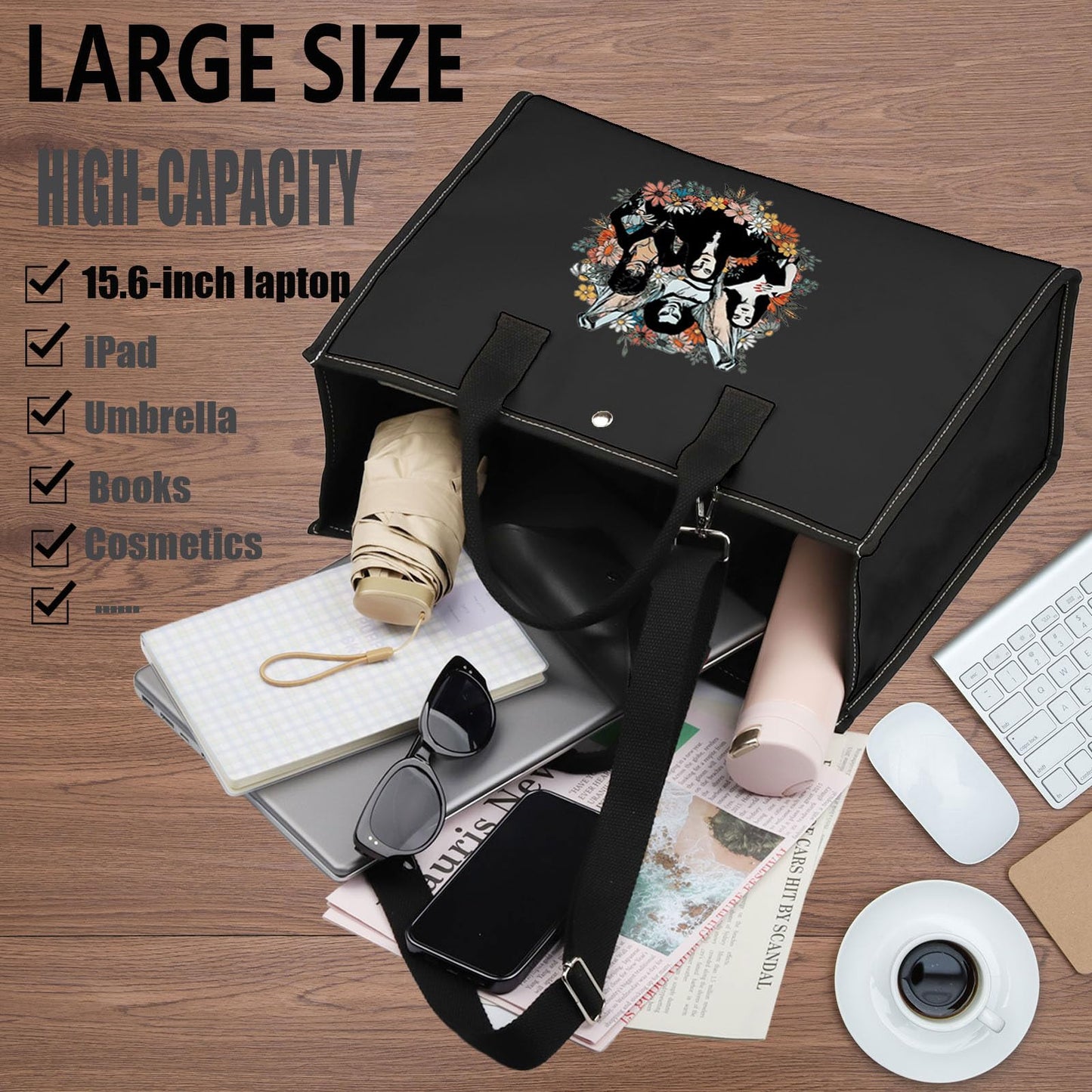 WZMPA Goth Queens With Flowers Cosmetic Bag Lily & Morticia & Vampira Fans Gifts Ghoul Gang Makeup Zipper Pouch Bag (Goth Queens TB-BL)