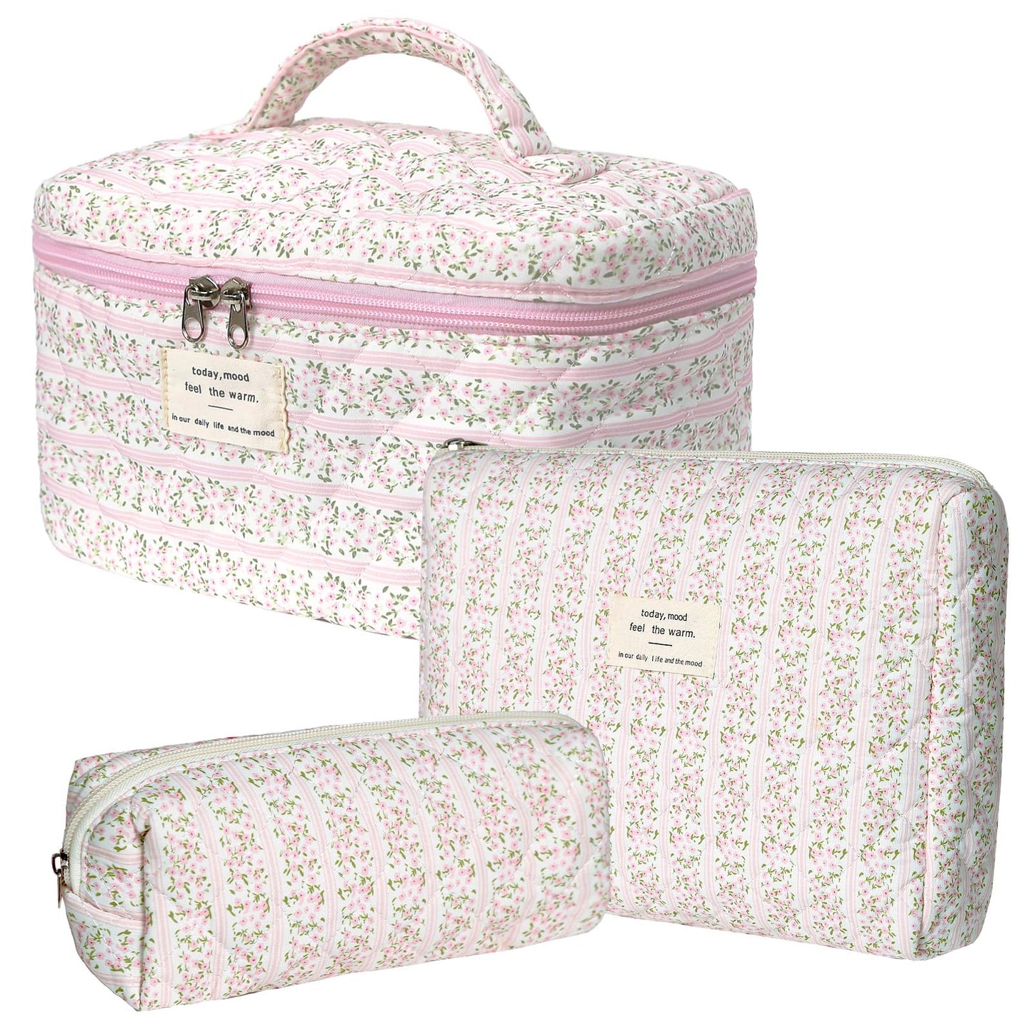 Gosect Makeup Bag Set, Portable Travel Make up Bag, Large Capacity Quilted Cosmetic Organizer Bag, Cute Floral Toiletry Bag for Women Girls (Pink Flower)