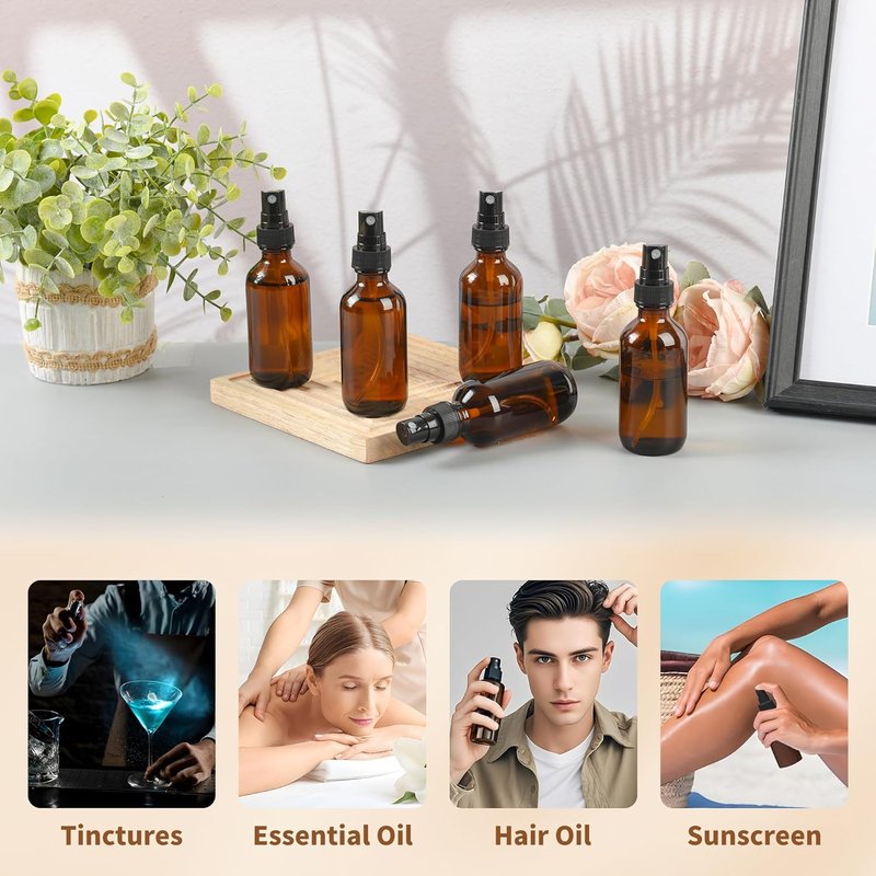 Billionstars 24 Pack Glass Boston Round Bottles - 2oz Amber Mist Sprayers for Essential Oils | Leakproof Travel Containers