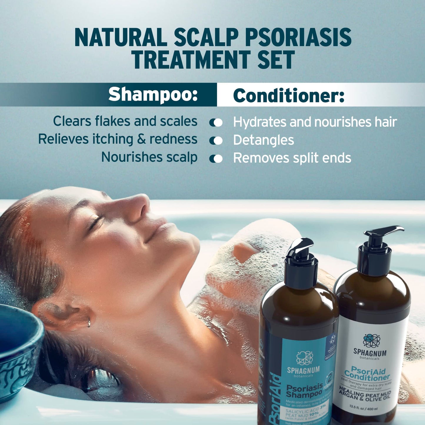 Sphagnum Botanicals Medicated Psoriasis Shampoo and Conditioner Set - Salicylic Acid 3% and Peat Mud Shampoo together with Jojoba Oil and Aloe Vera Condtioner. 2 x 8.45 fl. Oz