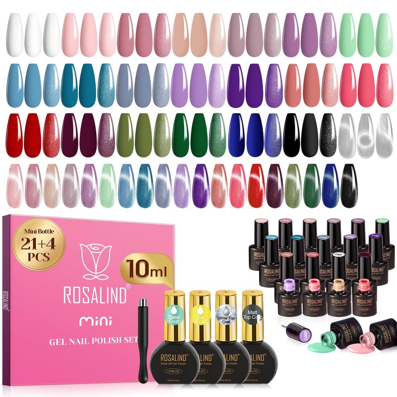 ROSALIND 30PCS Gel Nail Polish Set with Base Glossy Matte and Glitter Top Coat Gel Polish, Pink Green Hot Pink Gel Nail Set Soak Off Gel Polish Set