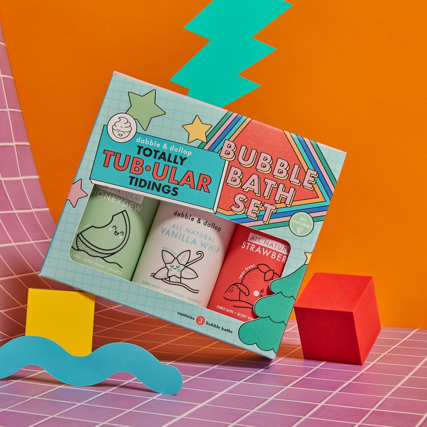 Totally Tub-ular Tidings Bubble Bath Set | 3-in-1 Mixable Bubble Bath, Body Wash & Shampoo - Strawberry, Honeydew & Vanilla
