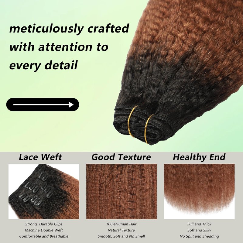 Yaki Straight Clip in Hair Extensions Real Human Hair T1B/4 Brown Kinky Straight Hair Clip ins for Women Invisible & Scalp-Friendly 8pcs with 18 Clips 120g Per Set (18 Inch)