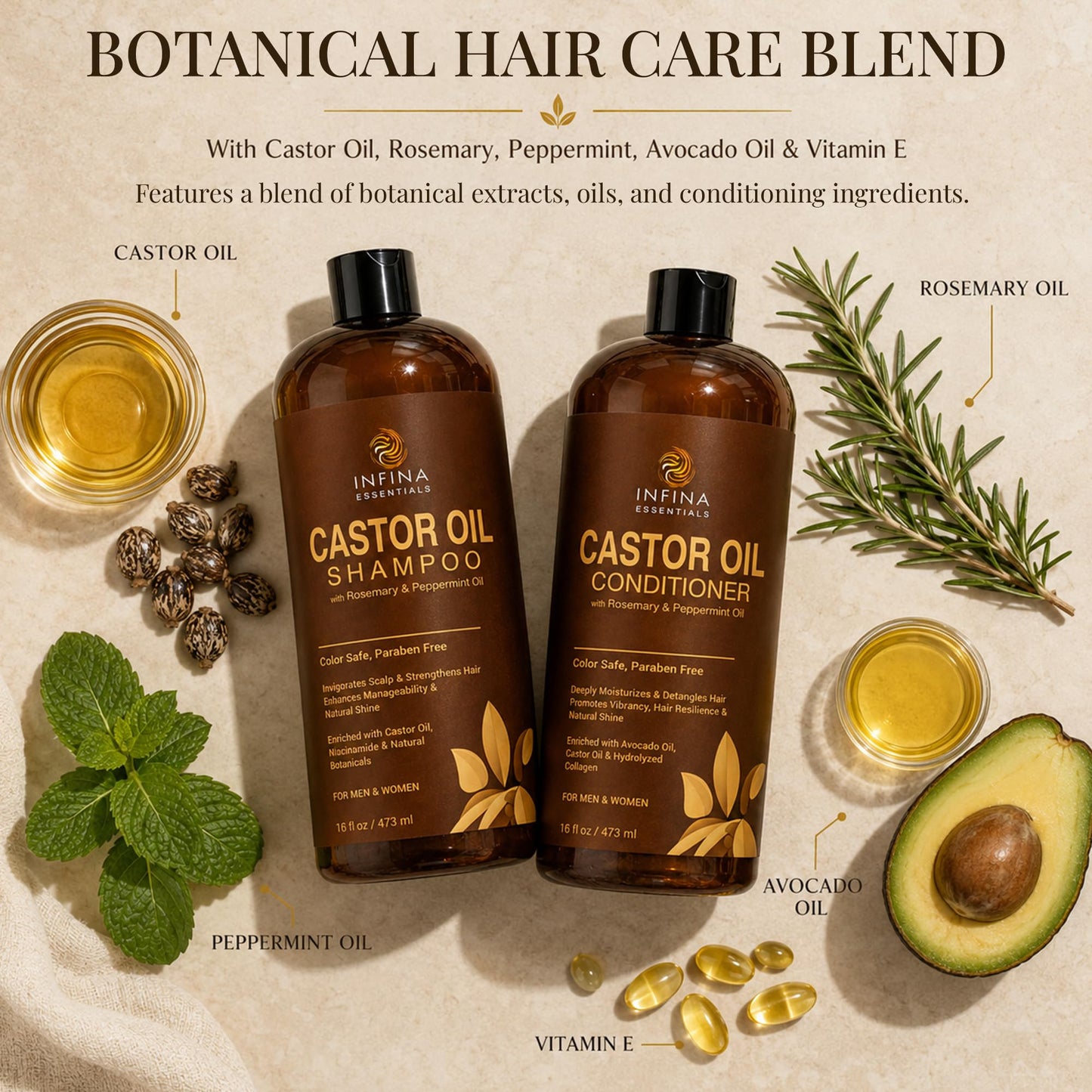 Castor Oil Shampoo and Conditioner Set for Hair Growth with Rosemary & Peppermint Oil - Cleanse Hair, Strengthen & Shine with Castor Shampoo and Conditioner - Anti-Hair Loss for Men & Women - 16 fl oz