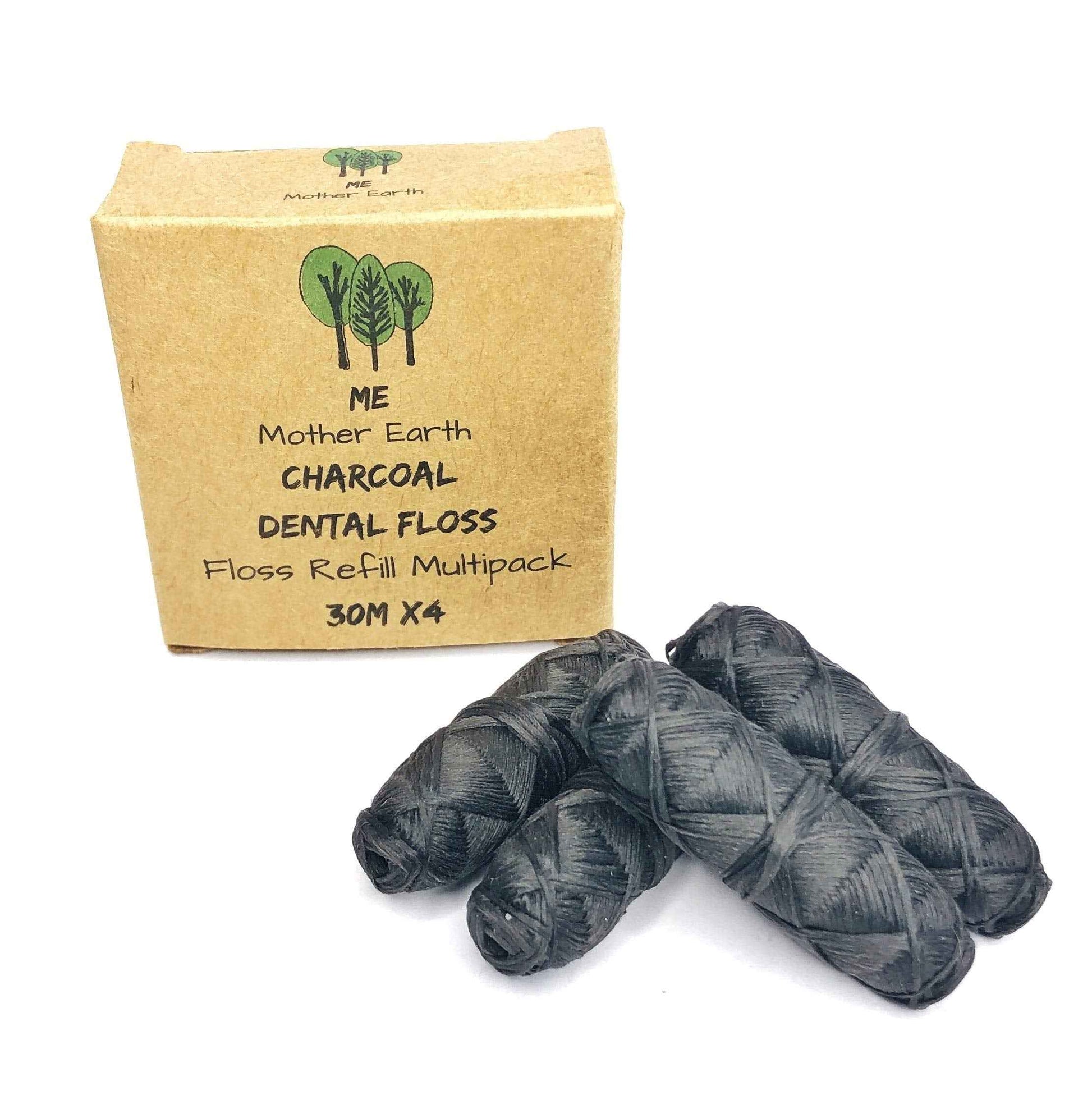 Vegan Biodegradable Bamboo Charcoal Dental Floss Refill Refill | Natural Candelilla Wax | 30M x4 | Peppermint Essential Oil | Eco Friendly Zero Waste Oral Care | 4 Pack