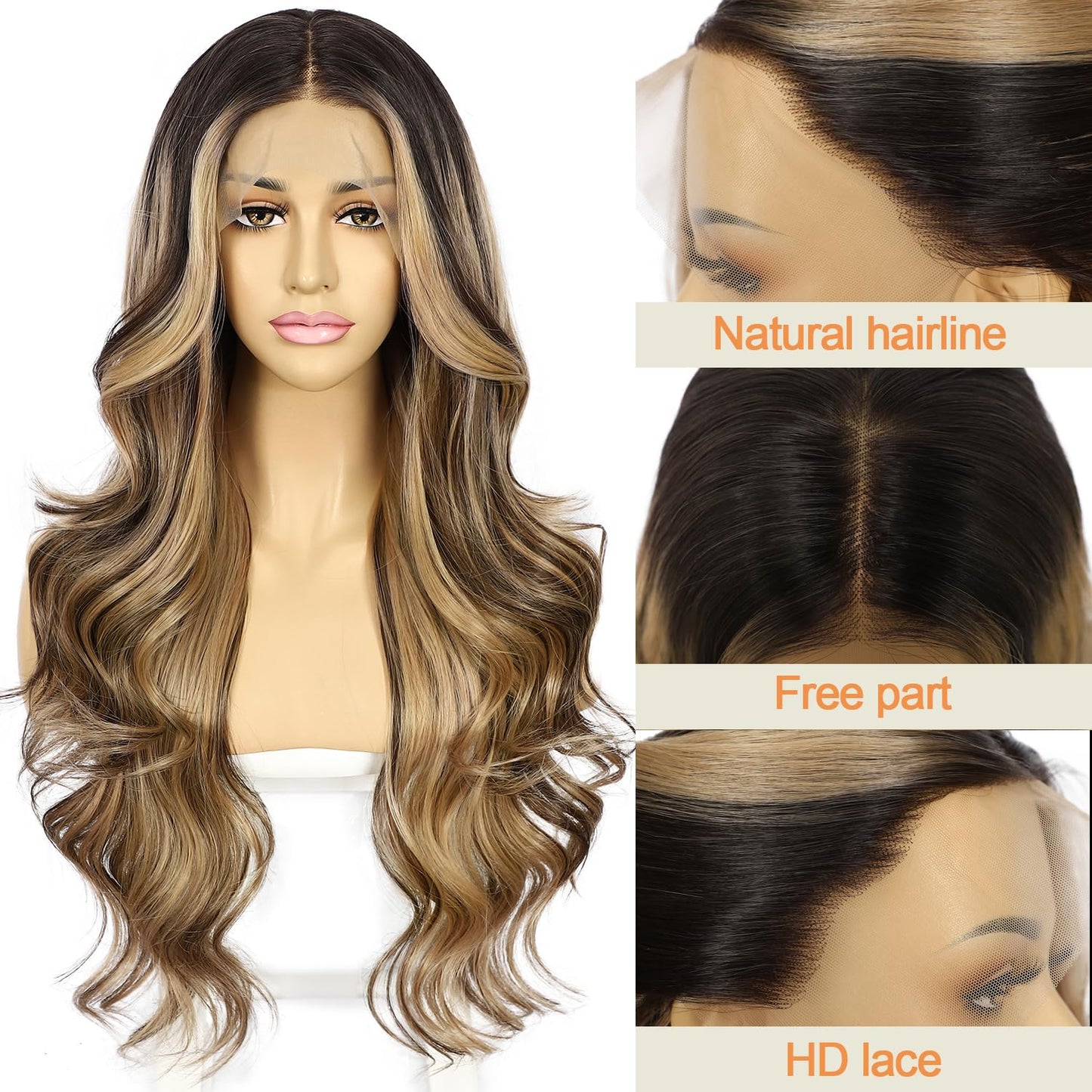 SAPPHIREWIGS Highlight Brown Lace Front Wig Long Wavy Ombre Brown Blonde 13x4 Synthetic Wear And Go Lace Front Wigs for Women Daily Party Use 26 Inches