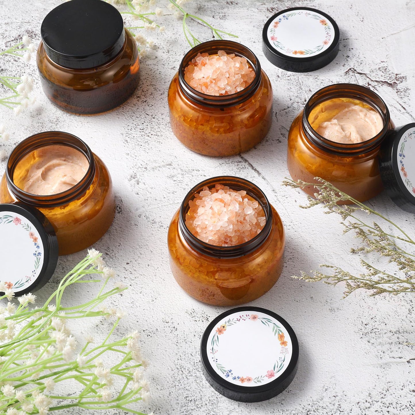 Hoemwarm 32 Pack 8 oz Plastic Sugar Scrub Containers with Lids, Body Butter Jars Amber Empty Refillable Round Cosmetic Containers for Creams,Lotions,Candy,Bath Salt,Gel