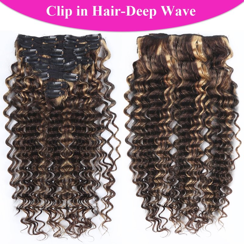 Curly Clip in Hair Extensions Real Human Hair 14inch 100g Invisible & Seamless 100% Brazilian Remy Human Extension Deep Wave Clip ins Extensions Double Weft 8 PCS with 20 Clips Highlight P427