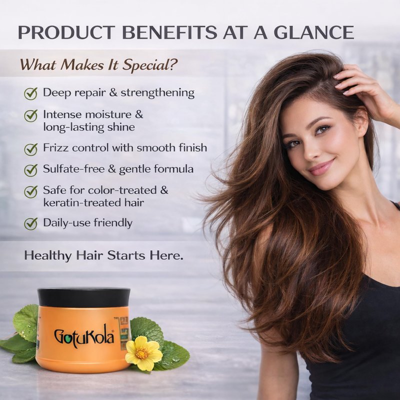 Gotukola Keratin Hair Mask for Dry Damaged Hair – Deep Conditioner Treatment with Coconut Oil, Shea Butter & Herbal Extracts – Sulfate Free, Frizz Control, Color Safe, Hair Repair Mask 500 ml