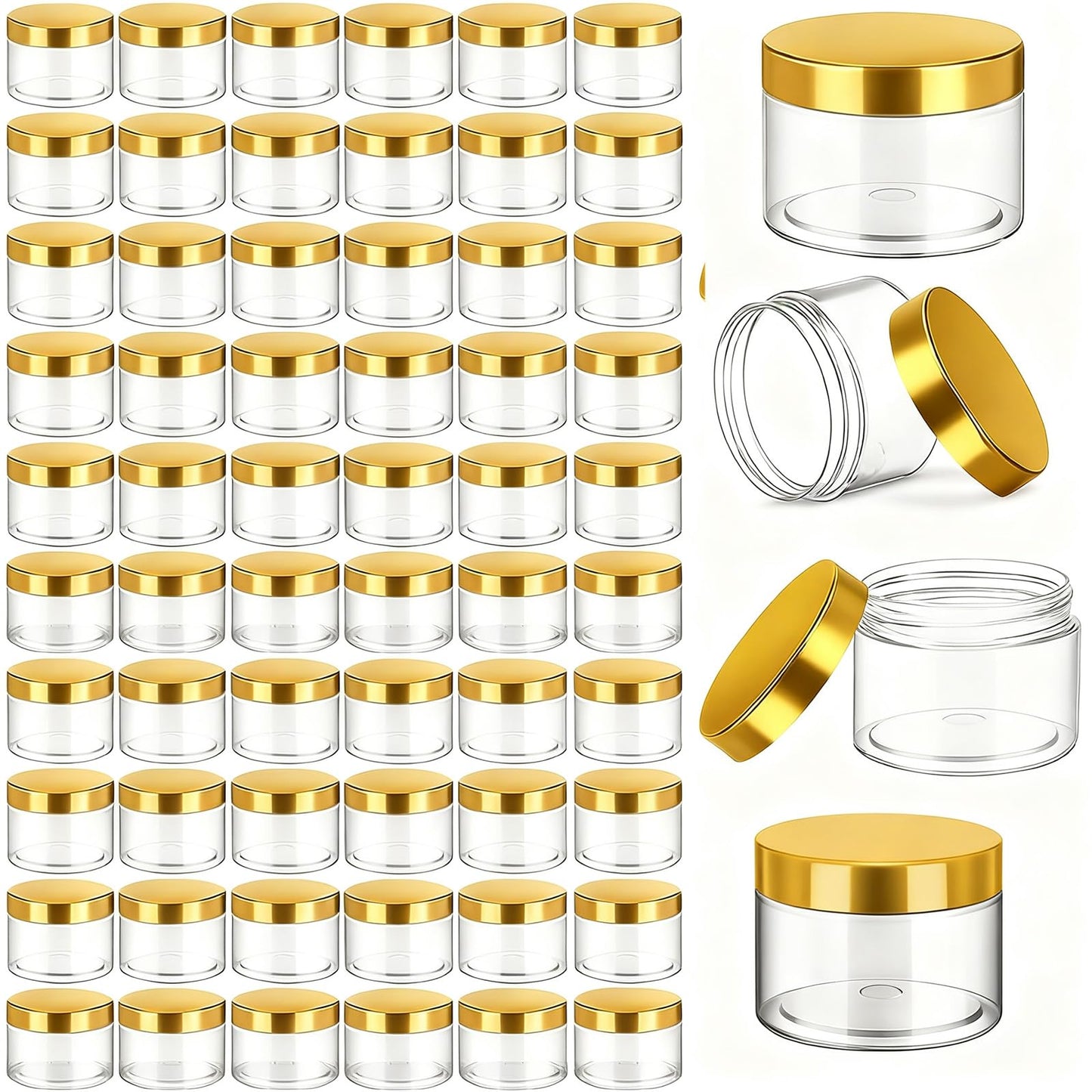 Patelai 60 Pcs Plastic Jars with Lids Round Clear Cosmetic Container Jars Leakproof Plastic Jar for Storing Dry Food Toiletries Lotion Ointments Makeup Rhinestone Samples Kitchen Storage(Gold,2 oz)