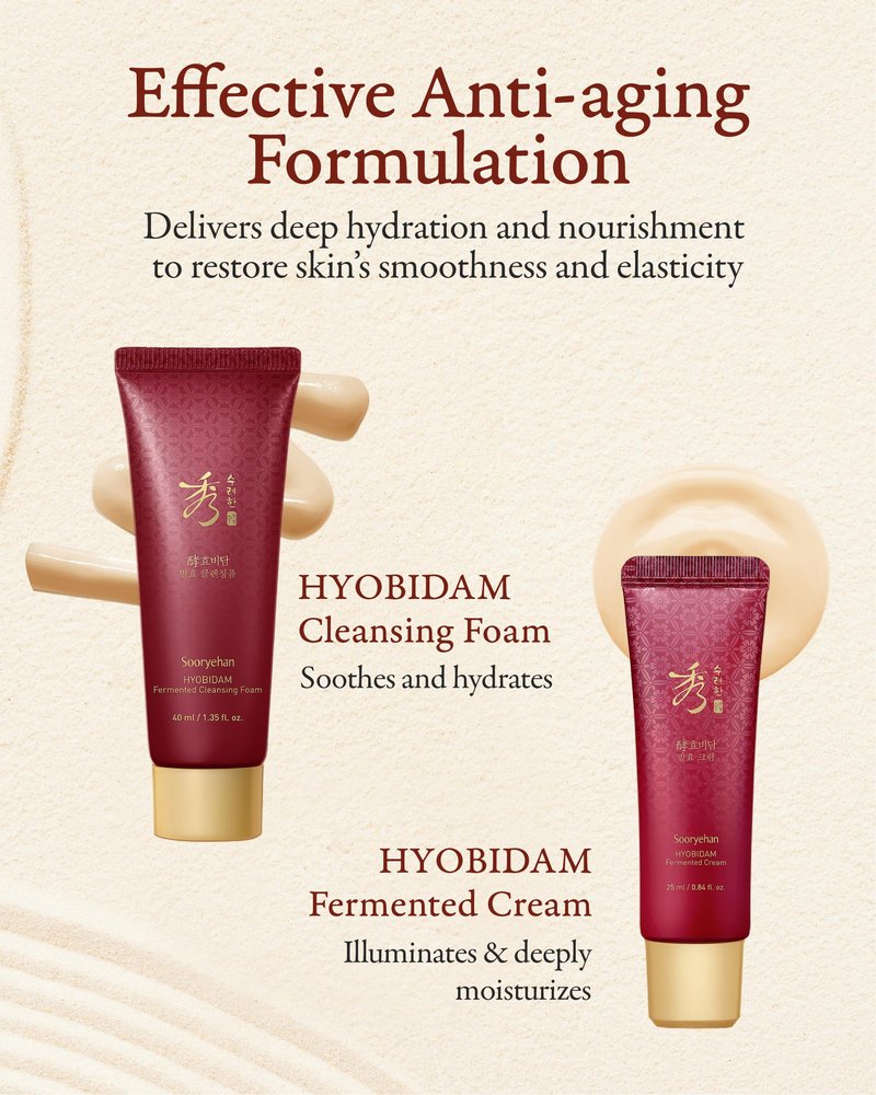 Sooryehan Hyobidam Fermented Skincare Trial Kit (Pack of 4) - Korean Skincare Miniature Set: Toner, Emulsion, Cream & Cleansing Foam - Herbal Hydration & Elasticity, Ginseng Extract, Travel Size Gift