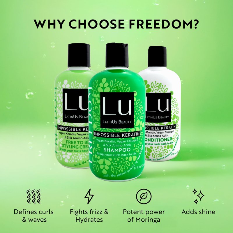 Lu by LatinUs Beauty Freedom Collection | Shampoo, Conditioner & Styling Cream with Impossible Keratin™, Moringa Oil, Cruelty Free, Sulfate Free, Paraben Free | 32 Fl Oz Total | 3-Piece Set