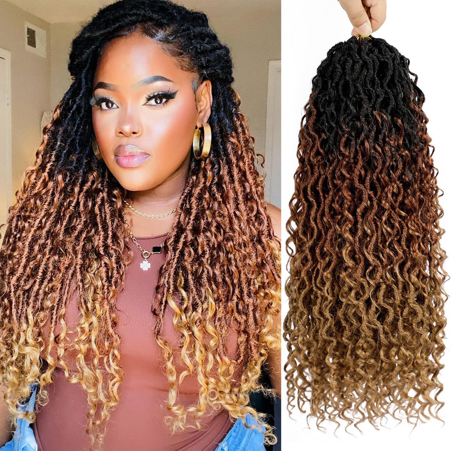 Goddess Locs Crochet Hair 18 Inch 7 Packs Ombre Brown Boho Faux Locs Crochet Hair for Black Women Pre Looped Crochet Locs with Curly Ends (1B/30/27)
