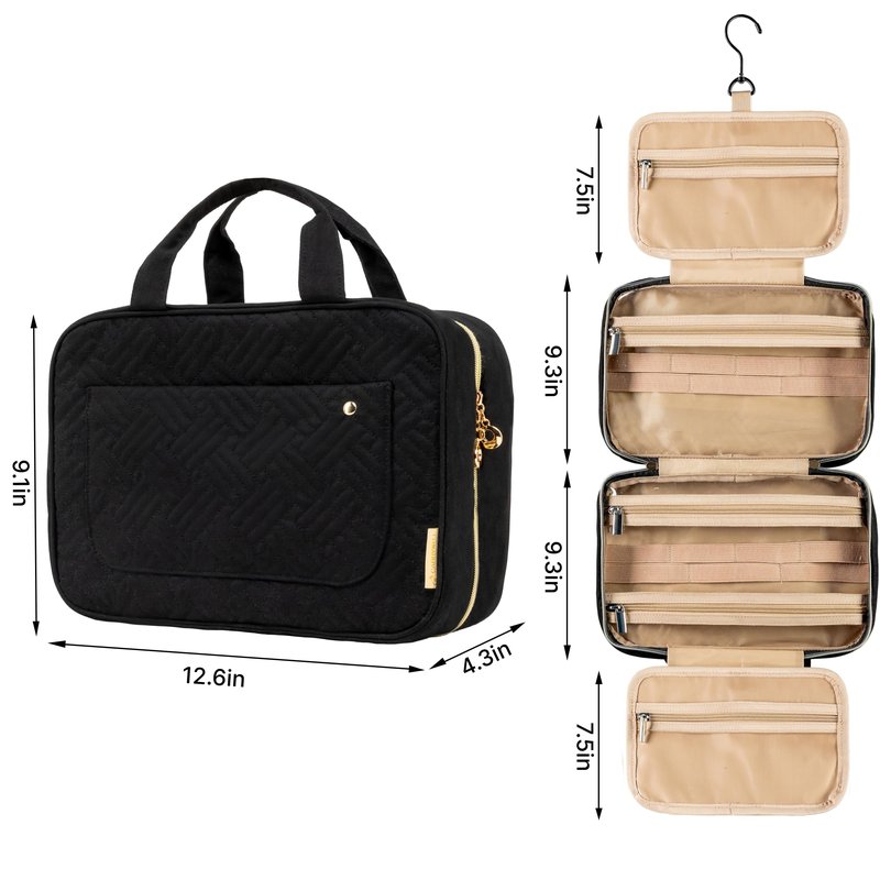 Carrywell (Not Made In China) Toiletry Bag Travel Bag with Hanging Hook, Makeup Organizer Case, Water-Resistant Cosmetic Bag For Full-size Containers, Toiletries, Black Large+