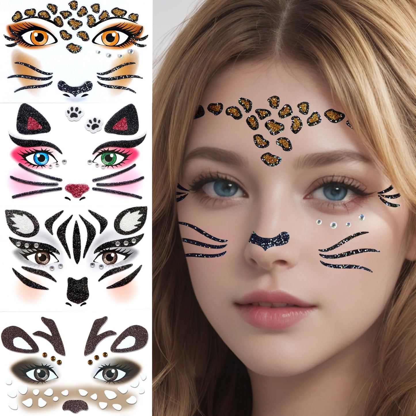 Halloween Face Tattoos Stickers - Leopard, Cat, Elk, Zebras Temporary Tattoo Sticker Halloween Face Gem Self-Adhesive Sticker for Festival Holiday Party Cosplay Decoration 4 Pcs