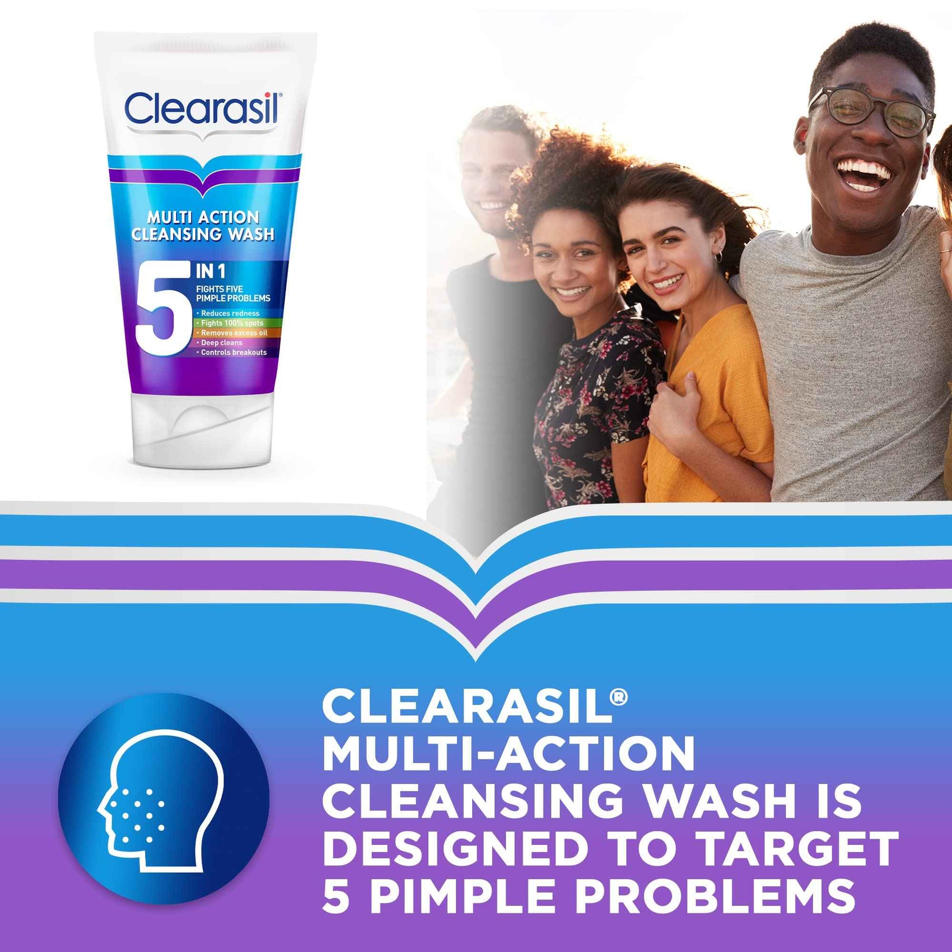 Clearasil 5-in-1 Face Wash 150 ml, Salicylic Acid Cleanser for Acne, Blackheads, Anti-Redness, Spot Treatment, Reduces Pimples, Clears Skin, Effective Skincare Solution