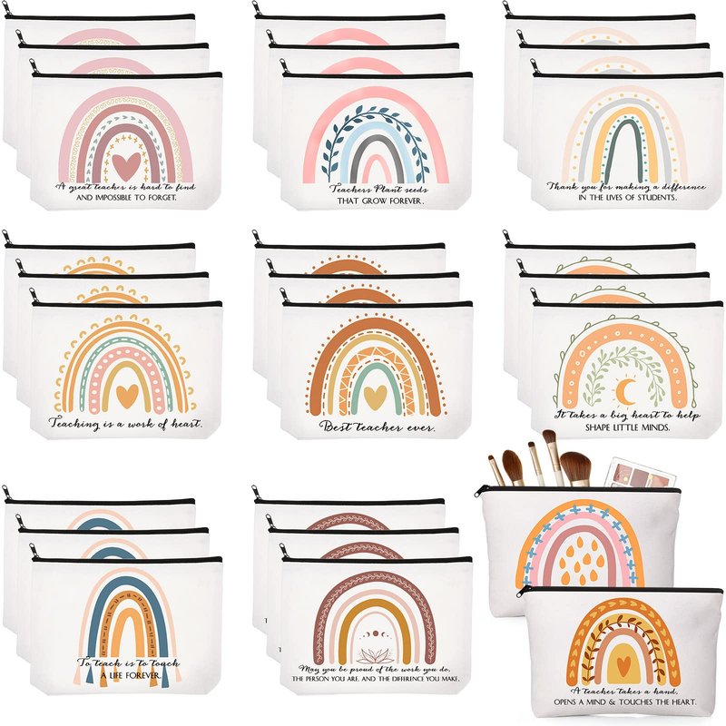 Coume 30 Pcs Teacher Appreciation Gifts Bulk for Women Inspirational Rainbow Canvas Makeup Bags Thank You Cosmetic Bags for End of Year Teacher Employee Coworker Gifts, 10 Styles(Elegant)
