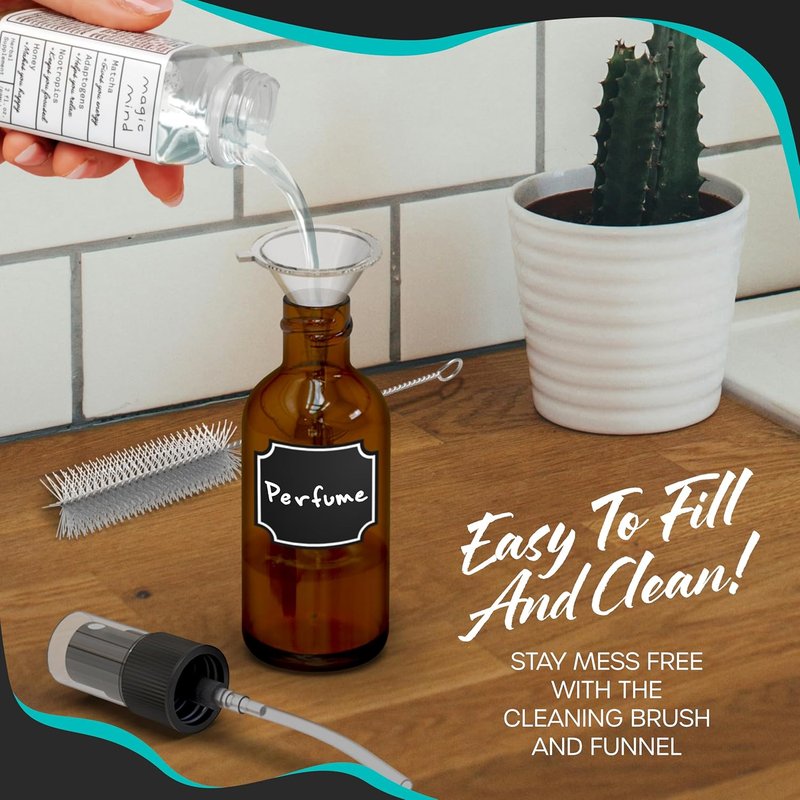 Amber Glass Spray Bottles - 4 Oz Set with Funnel, Labels & Brush | 24 Pack for Hair, Face & Travel