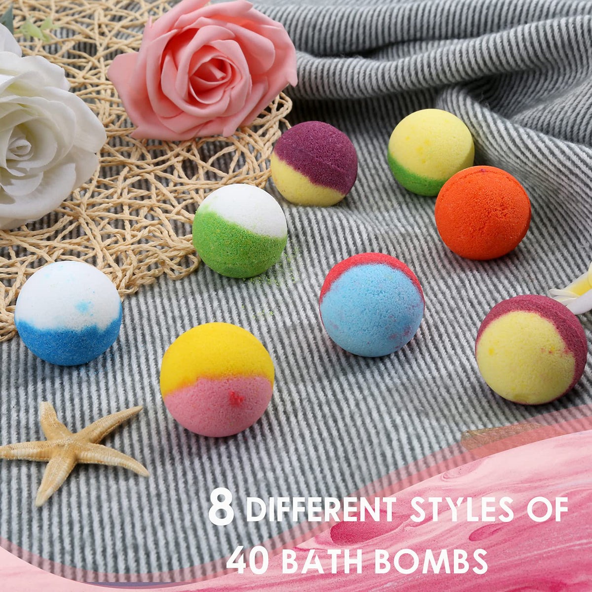Bath Bomb Gift Set, Family Pack Mini Bath Bombs with Reusable Bowknot, 40 Pcs Organic & Natural Bath Bombs for Kids, Women and Men, Best Gift for Any Anniversaries