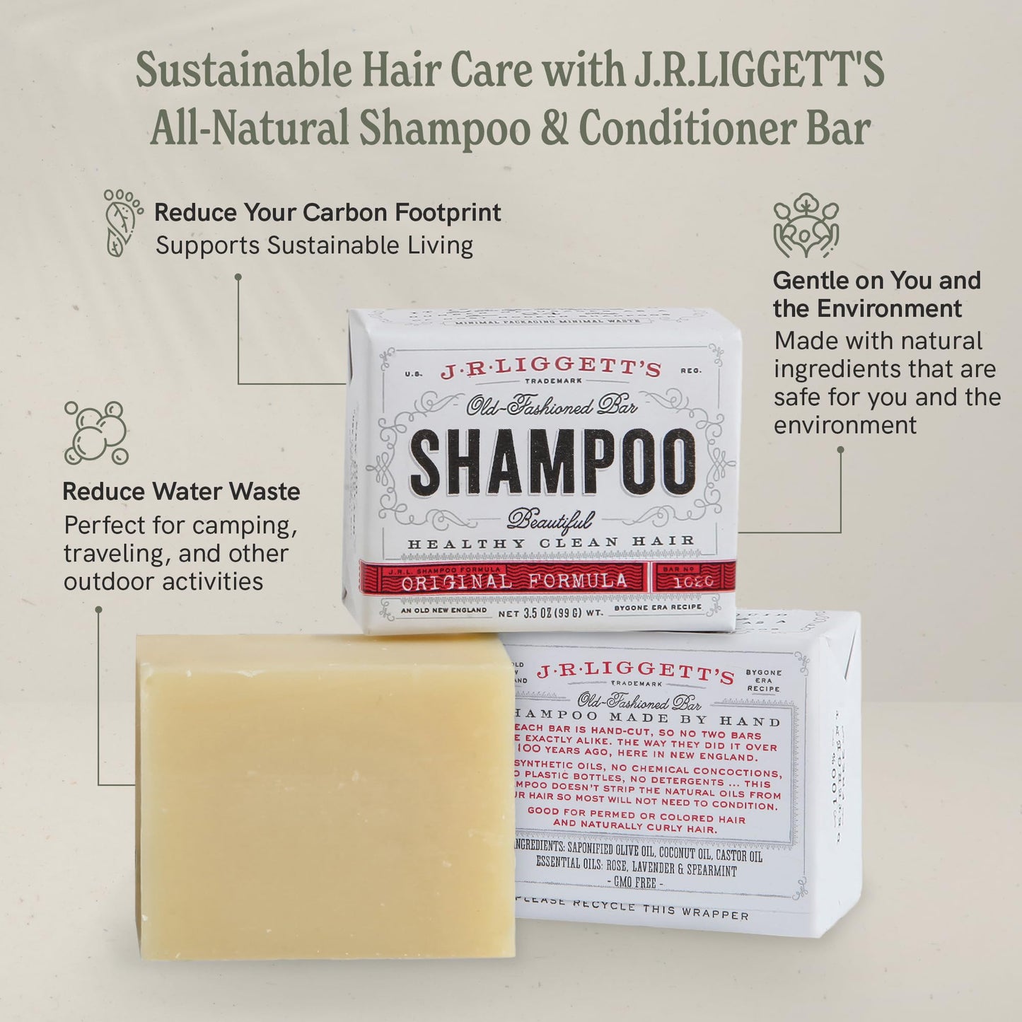 J.R.LIGGETT'S Original Formula Shampoo Bar and Conditioner Bar 3-Pack, All-Natural, Plant-Based Solid Hair Care Set, Sulfate-Free, 2 x 3.5 oz Shampoo / 1.75 oz Conditioner