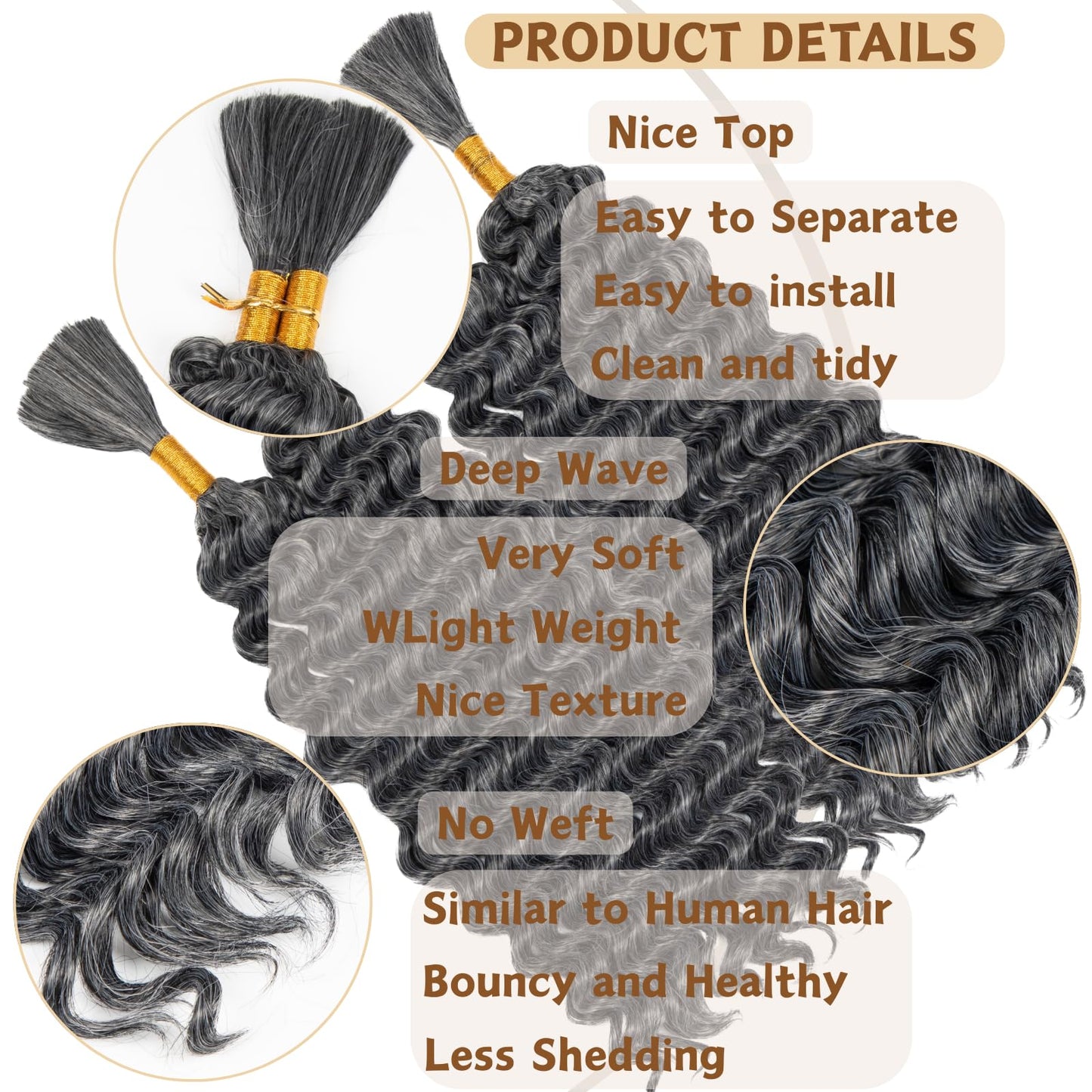 Deep Wave Bulk Hair 4 Bundles/Pack 300g 18 Inch No Weft Deep Wave Bulk Hair for Braiding Extensions for Boho Braids Natural Black Wet and Wavy (18inch P27/30# 4Bundles）
