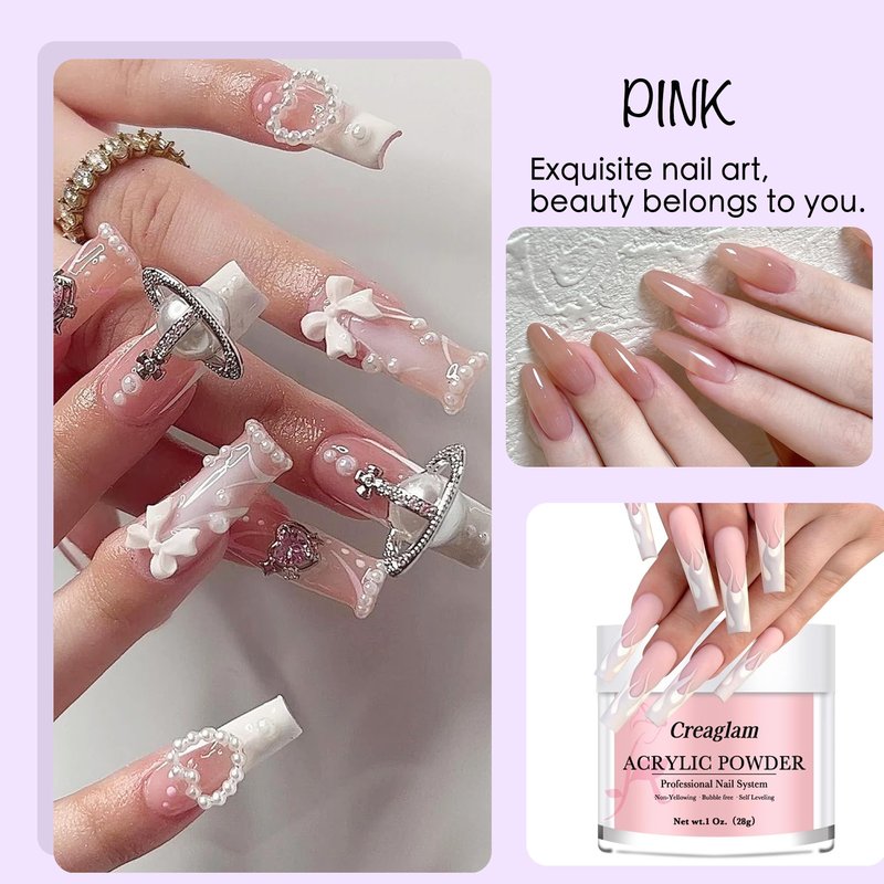 Creaglam Super Nail Acrylic Powder: 3 Pcs 28g Cover Pink Polymer for 3D Art Carving French Extension - Clear Dark Pink Professional - No Need Lamp