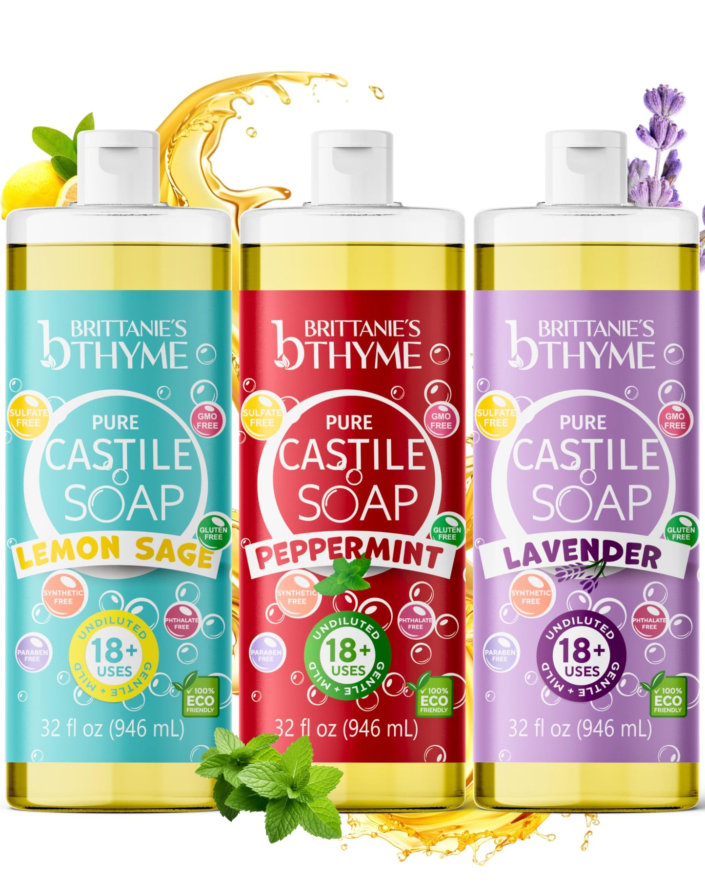 Brittanie's Thyme Pure Castile Liquid Soap Variety, Lavender/Peppermint/Lemon, 32 oz Pack of 3 | For Hair & Body, Gentle and Pure, Made with Natural Luxurious Oils, Vegan & Gluten Free Non-GMO