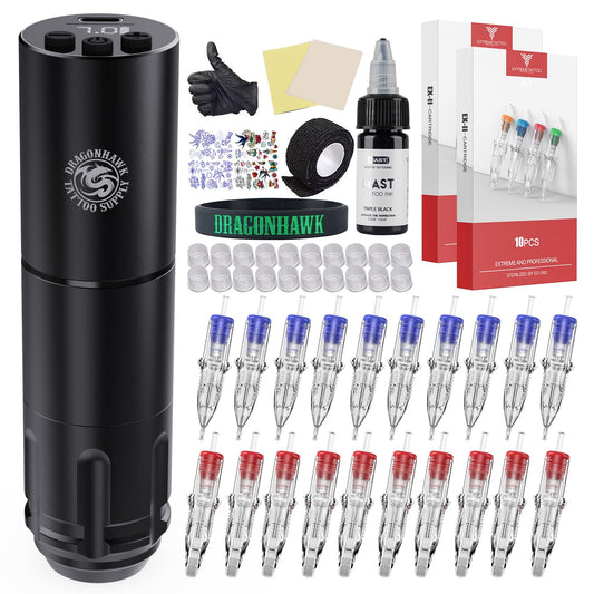 Dragonhawk A1 Beginner Tattoo Kit, Cordless Complete Pro Tattoo Gun Pen Machine Kit, Cartridges Tattoo Machine Needles