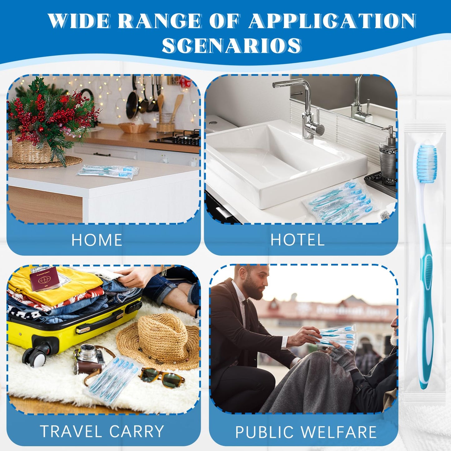 RimCereal 100 Pcs Prepasted Disposable Toothbrushes Individually Wrapped Pre Pasted Soft Bristle Tooth Brush Travel Toothbrush for Camping Guestroom Car Office School Hotel Homeless Gifts (Blue)