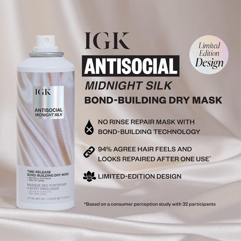 IGK Antisocial Midnight Silk Hair Mask - No-Rinse Bond-Building Treatment with Vegan Silk Protein | 5 oz