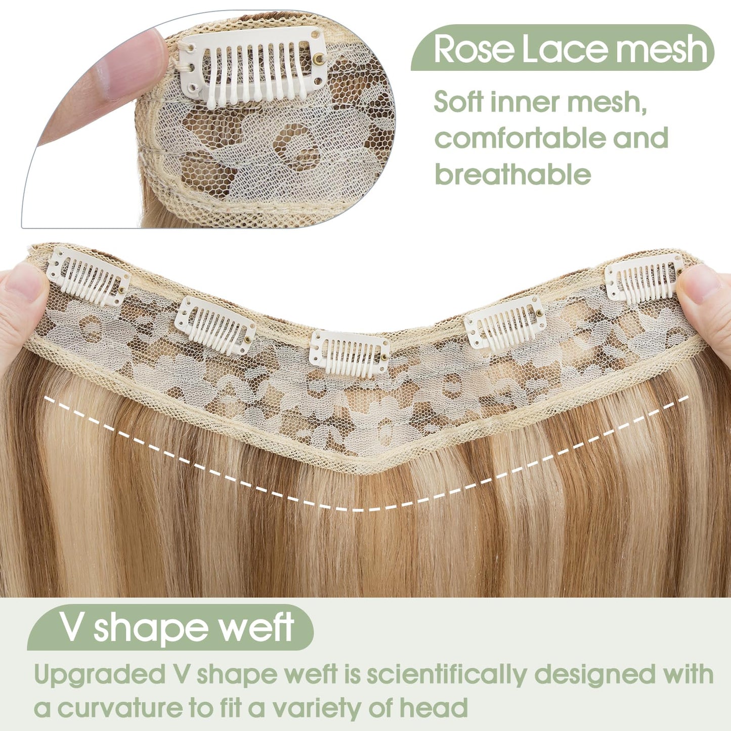 S-noilite One Piece Clip-in Hair Extensions Human Hair Balayage 5 Clips 3/4 Full Head V Part Weft Thicker Hair Lace Net One Piece Hair Extensions (14"-50g, #Golden Brown/Bleach Blonde)