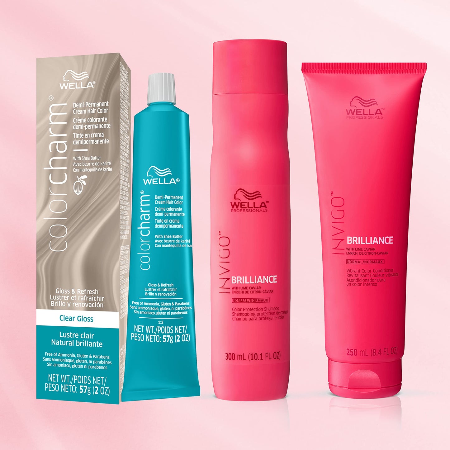 WELLA colorcharm Demi Permanent Hair Color, Clear Gloss + Wella Professionals Invigo Brilliance Color Protection Shampoo & Conditioner, For Fine Hair