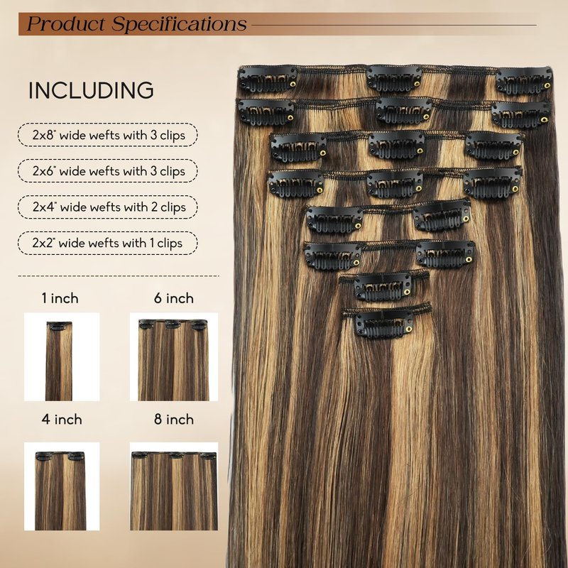 Clip in Hair Extensions Real Human Hair 16inch 8pcs 90g Seamless Balayage Dark Brown Hair Extensions Clip Ins Double Weft Dark Brown Highlight Chestnut Brown Invisible Straight Remy Human Hair