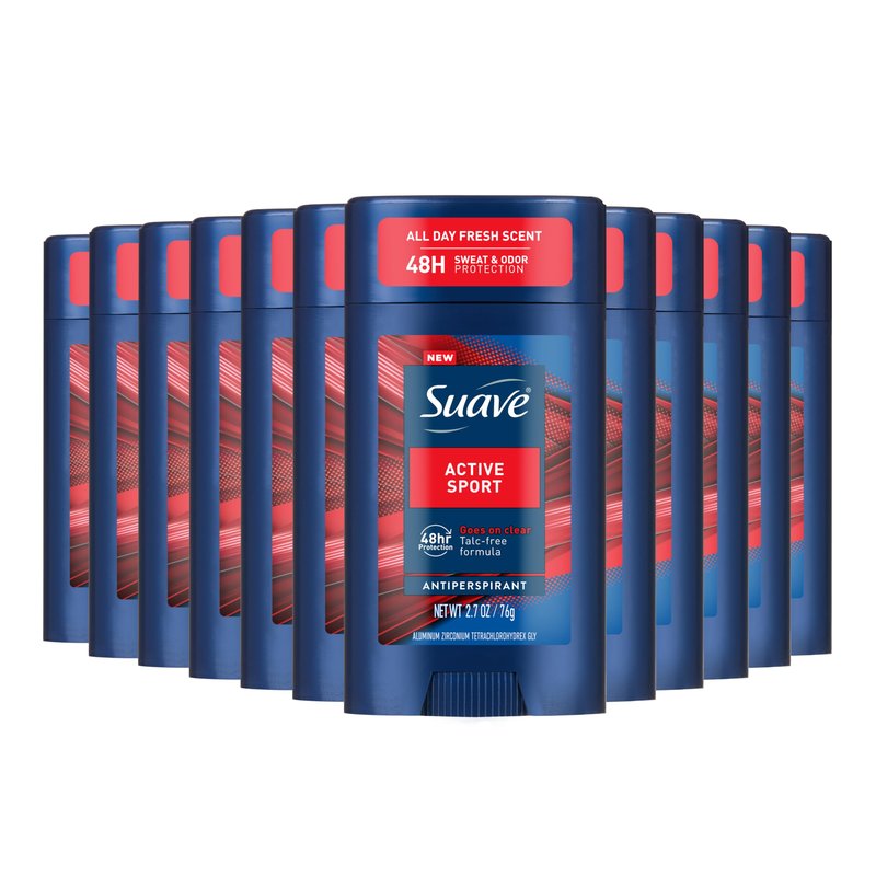 Suave Active Sport Men’s Antiperspirant Deodorant, All Day Bergamot & Wood Scent, for 48hr Odor & Wetness Protection, 2.7oz, 12 Pack