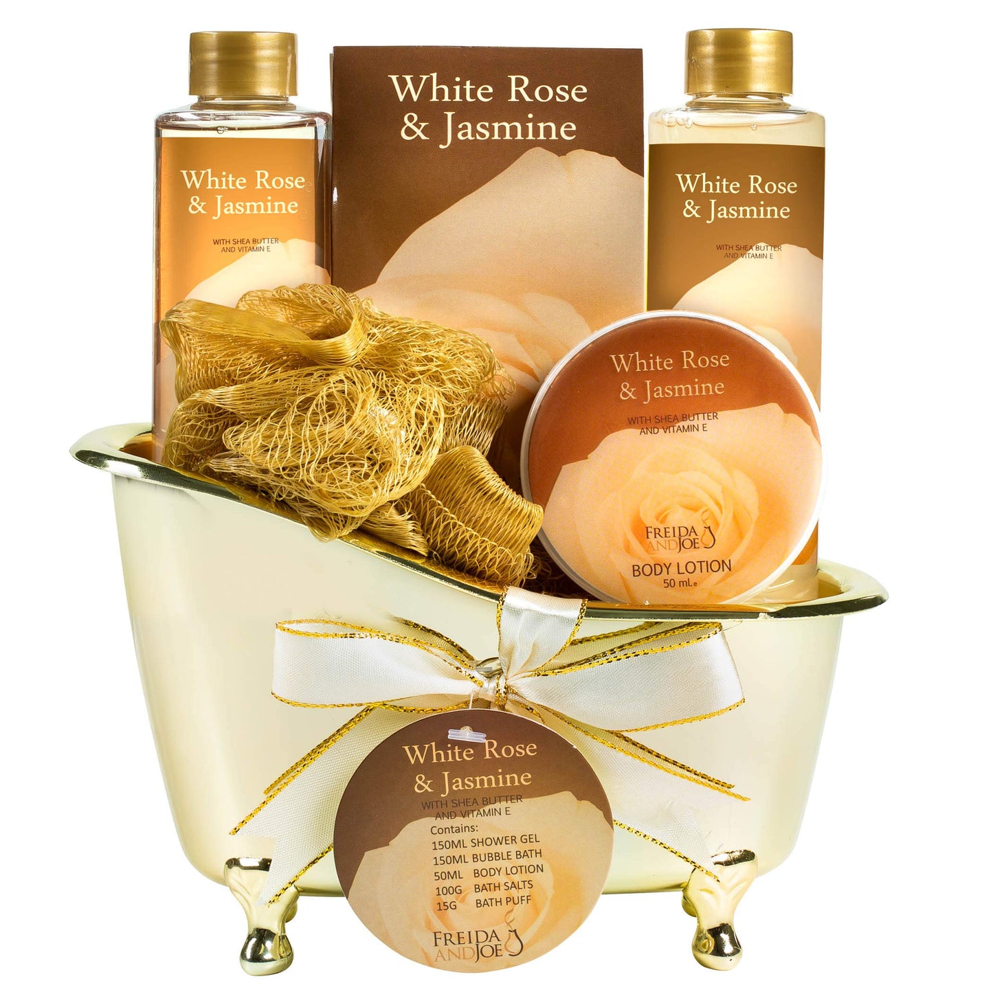 White Rose Jasmine Spa Set For Women in Elegant Gold Tub Includes Shower Gel, Bubble Bath, Body Lotion, Jasmine Bath Salt, Pouf, Award Winning Bath Body Set Gift – Mother's Day Gift for Mom