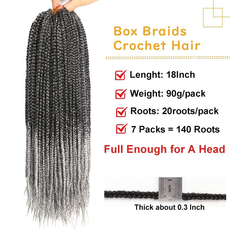 7 Packs Goddess Box Braids Crochet Hair 18 Inch Prelooped Crochet Box Braids Crochet Hair for Black Women Braiding Hair (18 Inch 7 Packs, 1B/Gray)